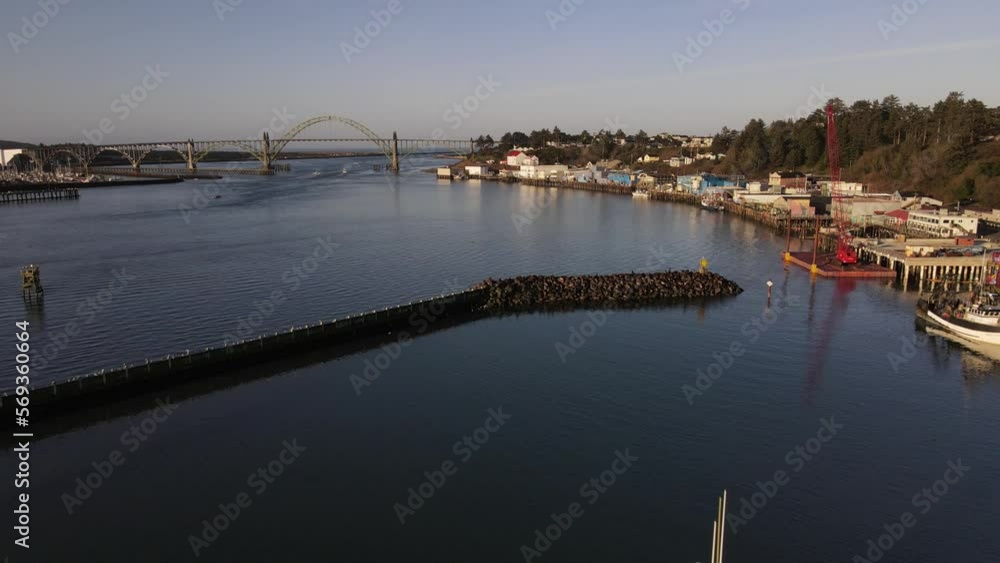 Drone Aerial Video Fishing Fleet Yaquina Bay Newport Oregon Coast Ships Marina Overview of Vessels 09 Slow pull back from Bay Bridge to fleet at dock 5 Drone Aerial Video Fishing Fleet Yaquina Bay Newport Oregon Coast Ships Marina Overview of Vessels 09 Slow pull back from Bay Bridge to fleet at dock 5