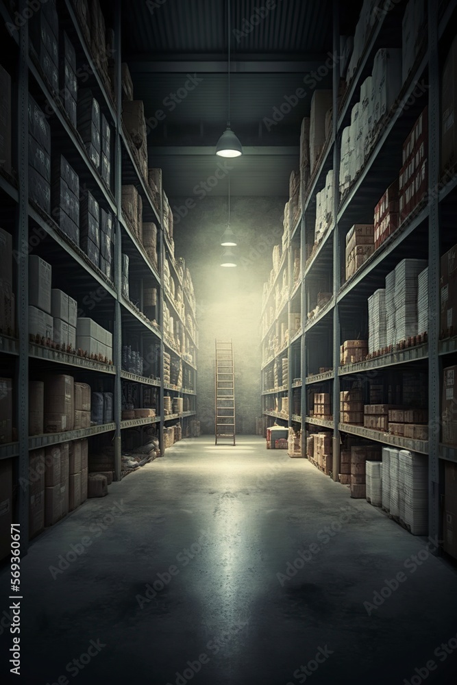 image, large industrial warehouse with shelves full of products, generative ai
