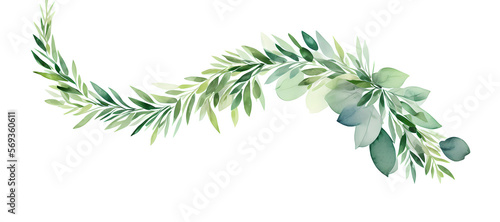 a bent branch with different leaves on white background - watercolors - generative ai