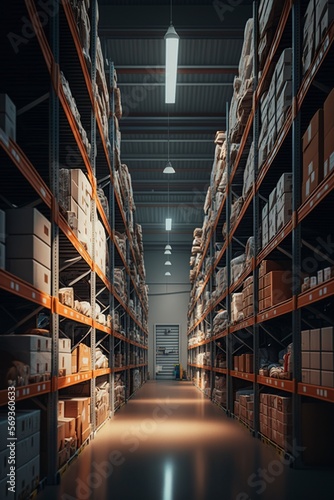 image, large industrial warehouse with shelves full of products, generative ai