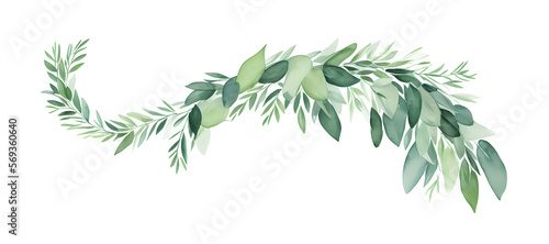 a bent branch with different leaves on white background - watercolors - generative ai