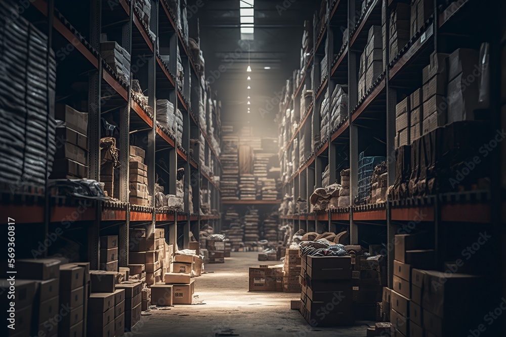 image, large industrial warehouse with shelves full of products, generative ai