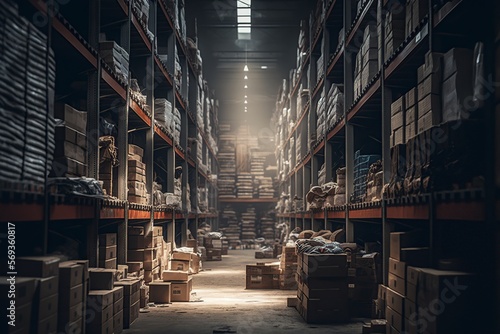 image, large industrial warehouse with shelves full of products, generative ai