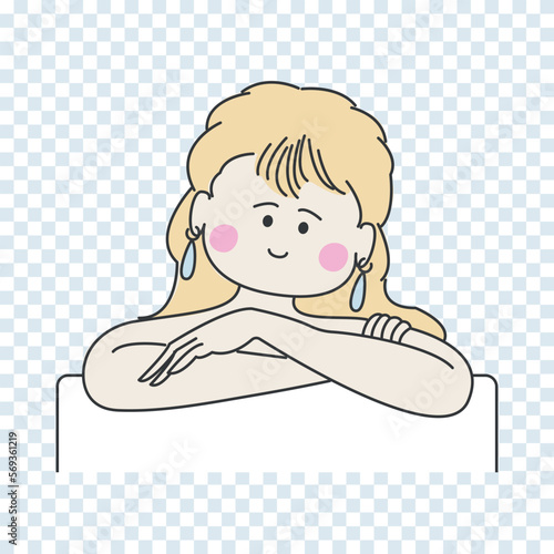 A modern cute girl sits with her arms folded.