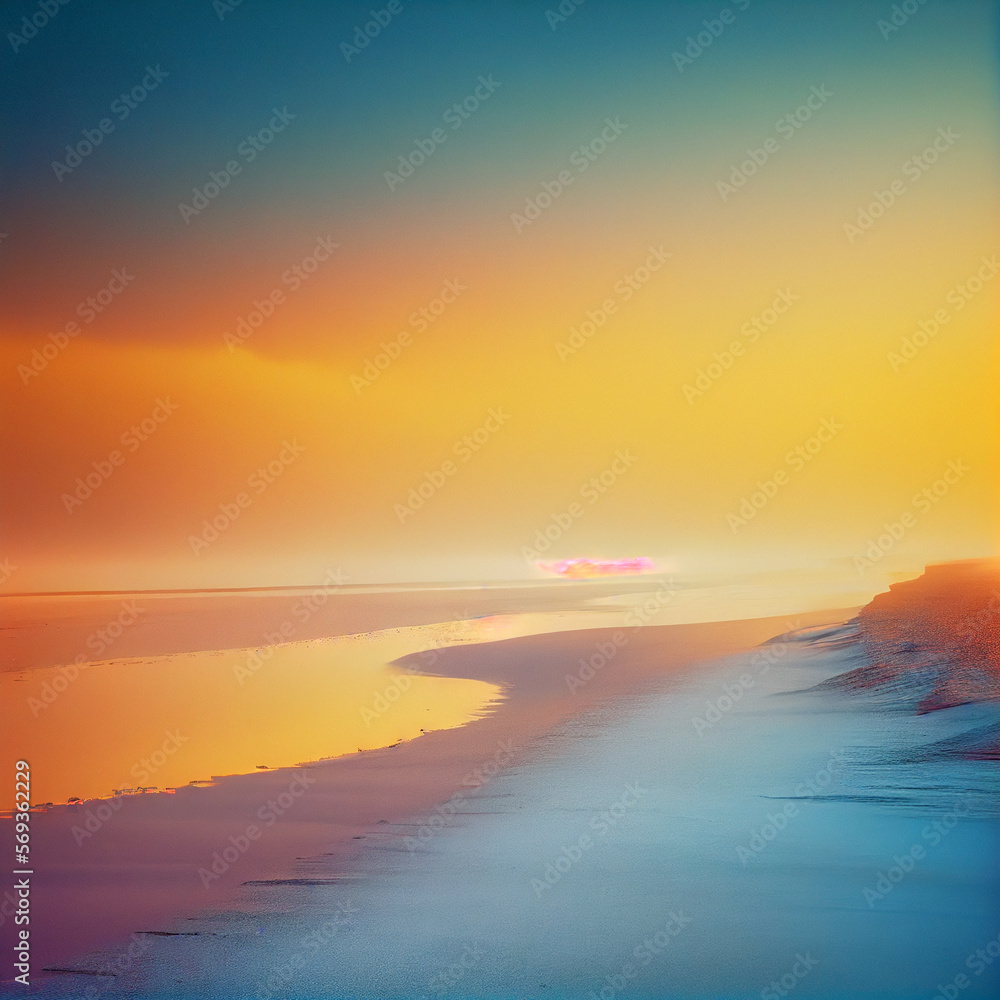 Beautiful beach landscape at sunset or sunrise, Generative AI