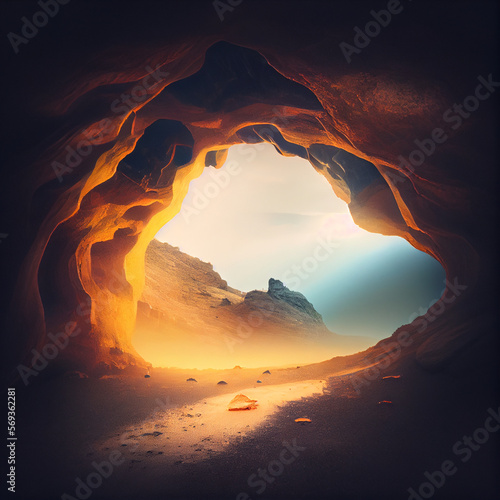 Mysterious dark cave landscape at sunset or sunrise, Generative AI