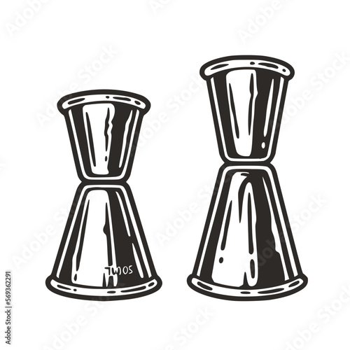 Cocktail jigger or double jiggers for bartending. Chromed metal cocktail bar tool for barman or bartender.