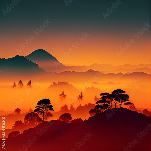 Beautiful misty forest nature landscape at sunset or sunrise  Generative AI