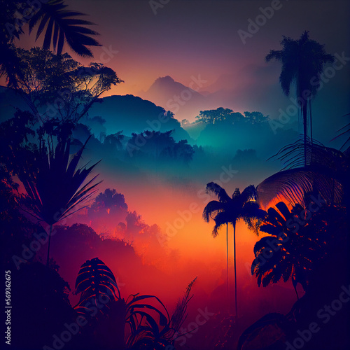 Beautiful misty jungle forest landscape at sunset or sunrise  Generative AI