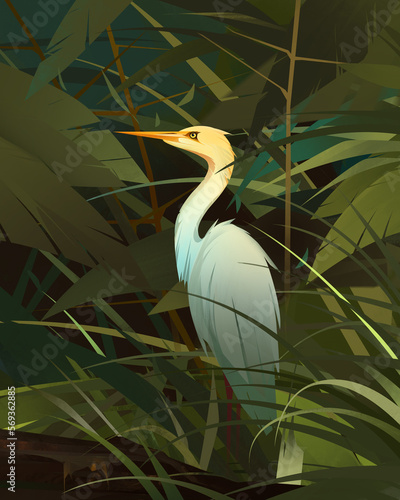 bright art bird. Image of a egret in foliage