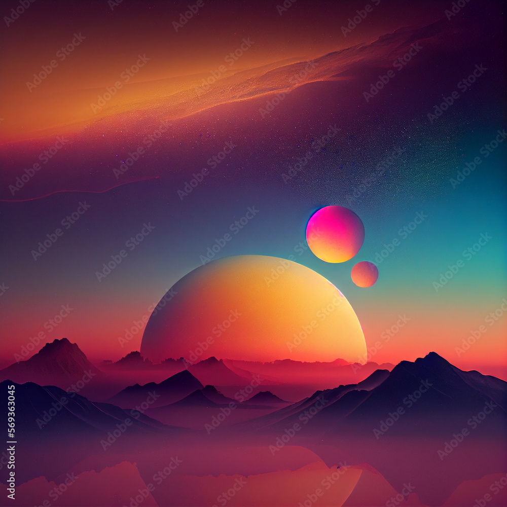 Fototapeta premium Fantasy landscape with planets illustration. Generative AI