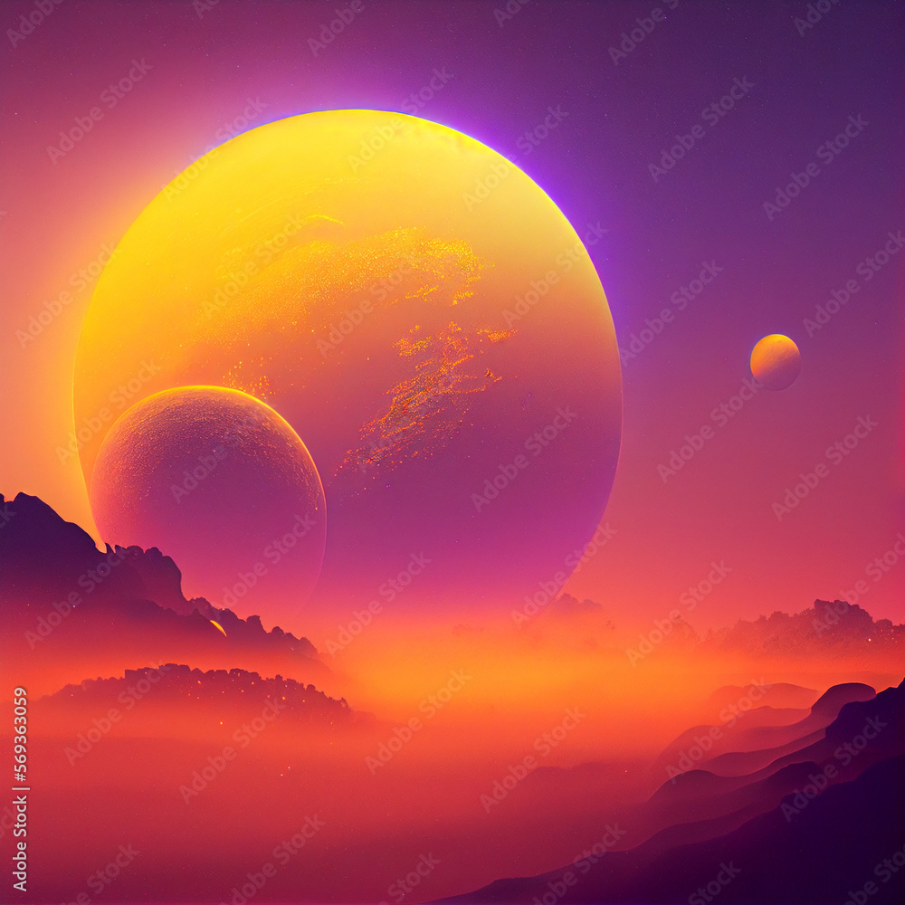 Fantasy landscape with planets illustration. Generative AI