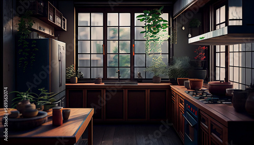 Japandi style kitchen interior design. Generative AI