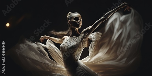 Beautiful ballerina dancer, dancing in the darkness of theatre with big dress. Generative AI illustration