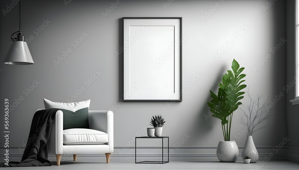 Scandinavian minimalisti room interior with mock up photo frame. White walls. Modern and floral concept. Generative AI Scandinavian minimalisti room interior with mock up photo frame. White walls. Modern and floral concept. Generative AI