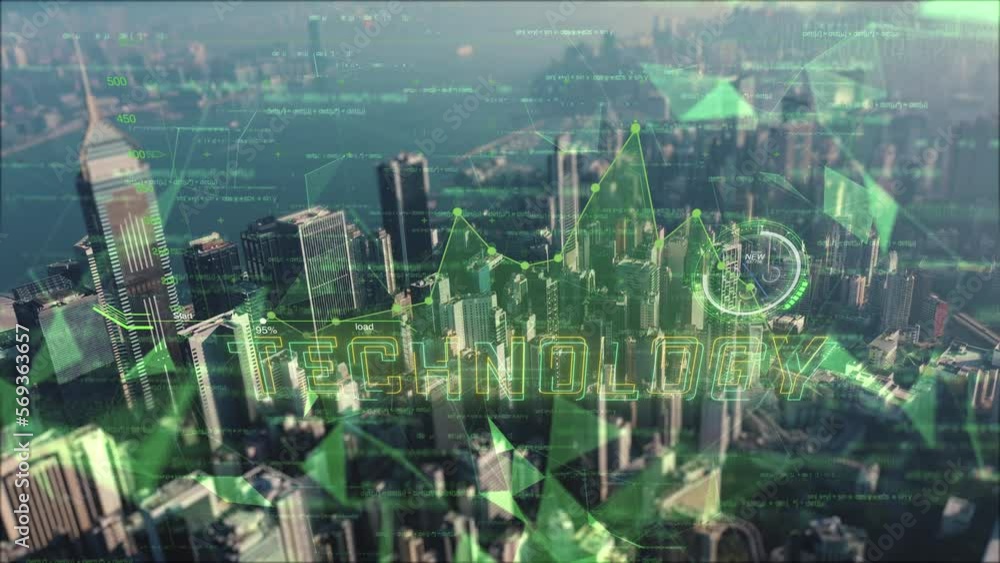 Aerial vie of modern City and green digital elements, holograms, formulas, graphics, and technology inscriptions in center of screen. Aerial vie of modern City and green digital elements, holograms, formulas, graphics, and technology inscriptions in center of screen.