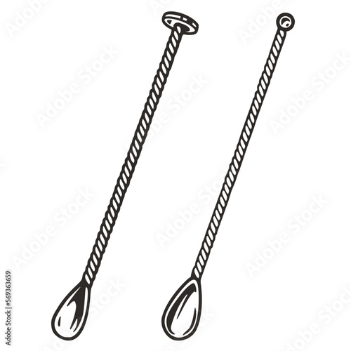 Bar spoons for bartending. Chromed metal muddler spoons or cocktail tool for barman or bartender