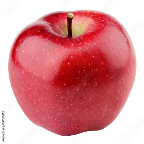Single fresh red apple with stem isolated on transparent background