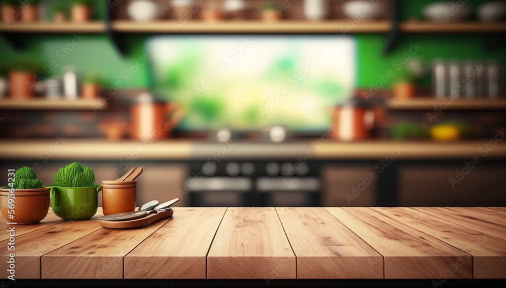 Brown wooden table top and blurred green kitchen background from interior building - ready for display or montage products Generative AI