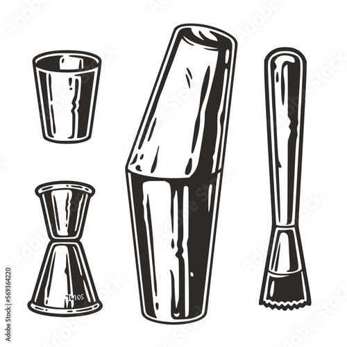Bartending set with cocktail shaker, muddler and jigger. Chromed metal cocktail bar tools for barman or bartender.