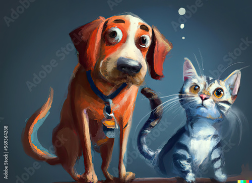 Dog And Cat. Digital Art. Animal Art. Pet. Animal Portrait. Cute Dog and Cat.
