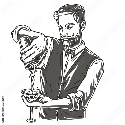 Barman with shaker and martini for bartending. Barkeepr or bartender with beard and mustache for cocktail bar.