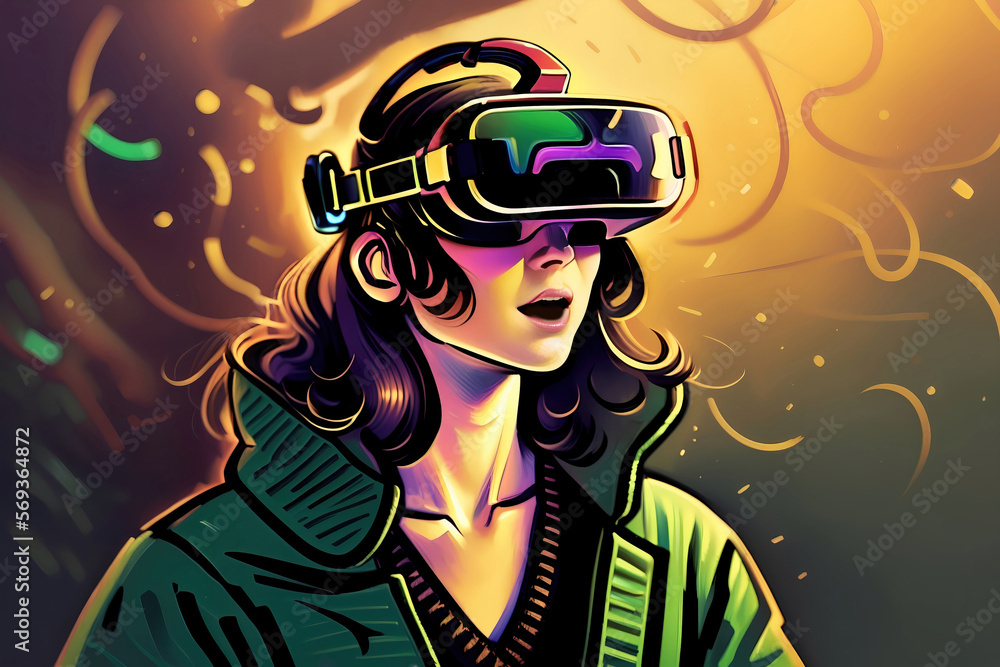 Illustration of a girl with VR glasses in an abstract style