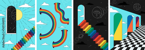 Retro groovy rainbow space stairs art poster set. Hippie style sun and moon in surreal cosmic prints. Vintage boho universe in abstract window placards. Trendy y2k pop culture geometric eps banners