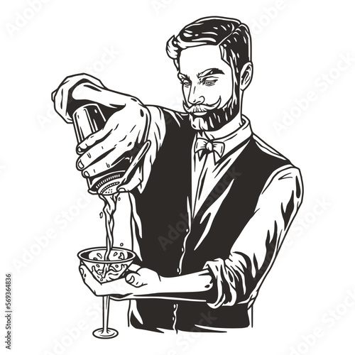 Barman with shaker and martini for bartending. Barkeepr or bartender with beard and mustache for cocktail bar.