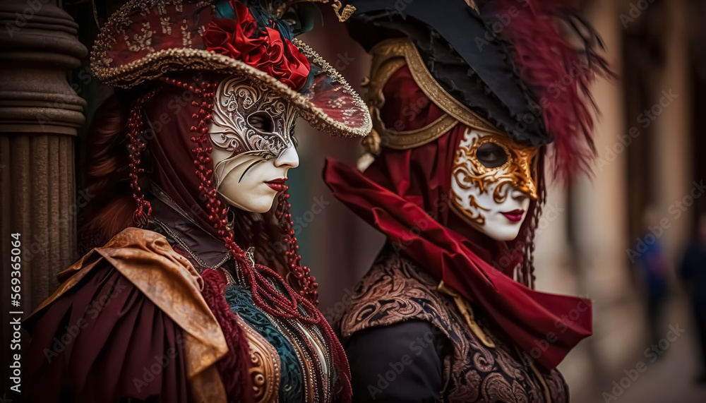 Elegant people in masquerade carnival mask at Venice Carnival. Beautiful  women and men wearing venetian mask. digital ai art Stock Illustration
