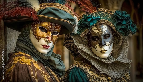 Elegant people in masquerade carnival mask at Venice Carnival. Beautiful women and men wearing venetian mask. digital ai art