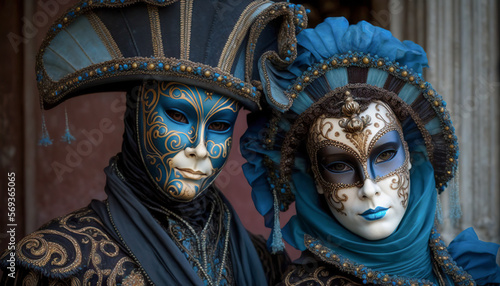Elegant people in masquerade carnival mask at Venice Carnival. Beautiful women and men wearing venetian mask. digital ai art