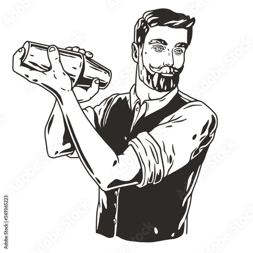 Barman with shaker for bartending. Barkeepr or bartender with beard and mustache for cocktail bar.