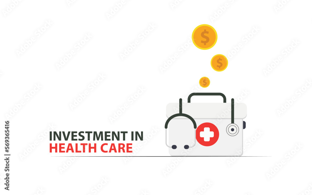New York, United States - 02-08-2023: Investment in health care business vector design. dollar coins. symbolic graphic. medical and finance related icons