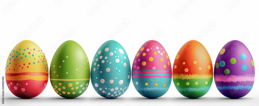Colorful Easter eggs in a row with tulips on a white background. Concept of Happy Easter. digital ai art Colorful Easter eggs in a row with tulips on a white background. Concept of Happy Easter. digital ai art