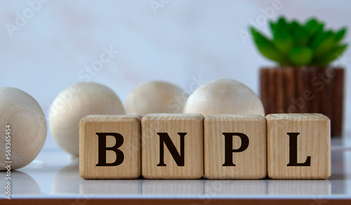 Fotografija BNPL - acronym on wooden cubes against the background of light balls and cactus