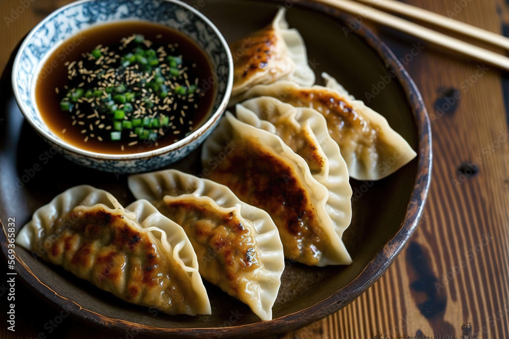 Korean beef mandu potstickers cooked from scratch with dipping sauce. Generative AI Stock