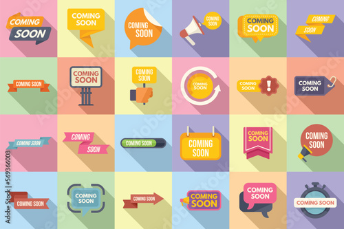 Coming soon icons set flat vector. Neon sign. Arrival release