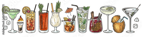 Cocktail set with tequila, martini and margarita, cosmopolitan for summer party. Set of cocktails with old fashioned, sangria and mai tai, pina colada for exotic beach bar
