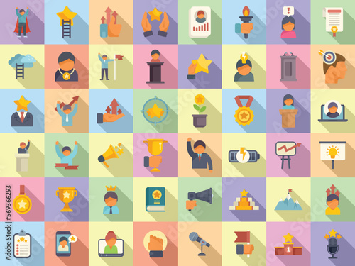 Motivational speaker icons set flat vector. Human seminar. Speech orator