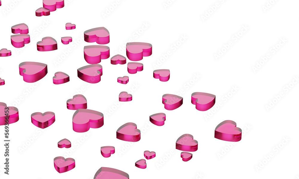 Clear pink hearts of various sizes on white background. 3D illustration. 3D CG. 3D illustration. PNG file format. Clear pink hearts of various sizes on white background. 3D illustration. 3D CG. 3D illustration. PNG file format.