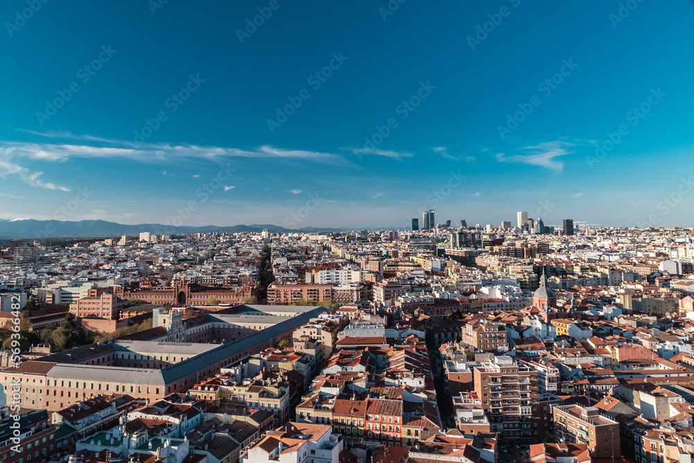 Madrid, Spain. April 6, 2022: Panoramic city landscape with beautiful blue sky.