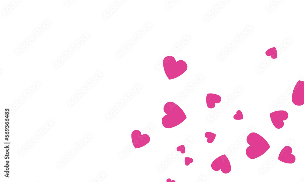 Clear pink hearts of various sizes on white background. 3D illustration. 3D CG. 3D illustration. PNG file format.	