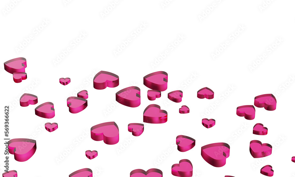 Clear pink hearts of various sizes on white background. 3D illustration. 3D CG. 3D illustration. PNG file format. Clear pink hearts of various sizes on white background. 3D illustration. 3D CG. 3D illustration. PNG file format.