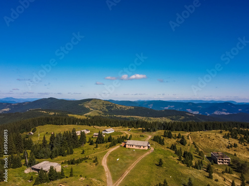 Aerial vIew by drone. Summer. Pamir military base, Bucovina. Chernivtsi región. Ukraine Carpatian mountains.