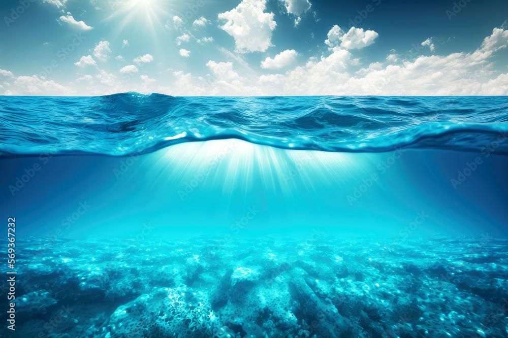 Blue or ocean water surface and underwater, AI Blue or ocean water surface and underwater, AI