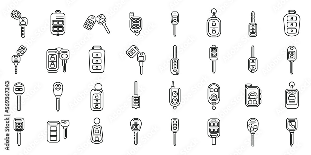 Car alarm system icons set outline vector. Car key. Fob chain Car alarm system icons set outline vector. Car key. Fob chain