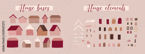 House constructor. House bases with elements. Sweet winter homes and snow, roofs, windows, doors, plants and snowman. Make your perfect building. Vector illustration. 