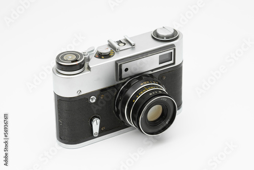 Old vintage film camera isolated on white backgorund. 
