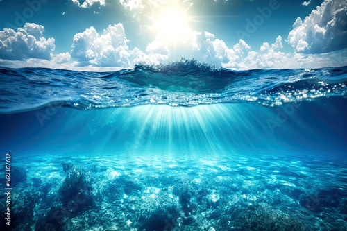 Blue or ocean water surface and underwater, AI